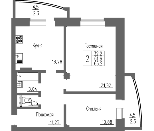 2-комнатная квартира / 66,2 кв.м. / этаж 4 из 16