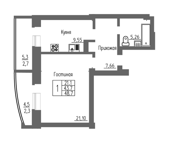 1-комнатная квартира / 48,7 кв.м. / этаж 16 из 16