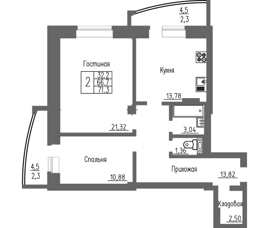 2-комнатная квартира / 71,3 кв.м. / этаж 14 из 16