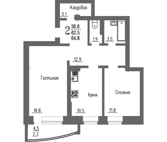 2 комнатная квартира / 64,8 кв.м. / этаж 8 из 16