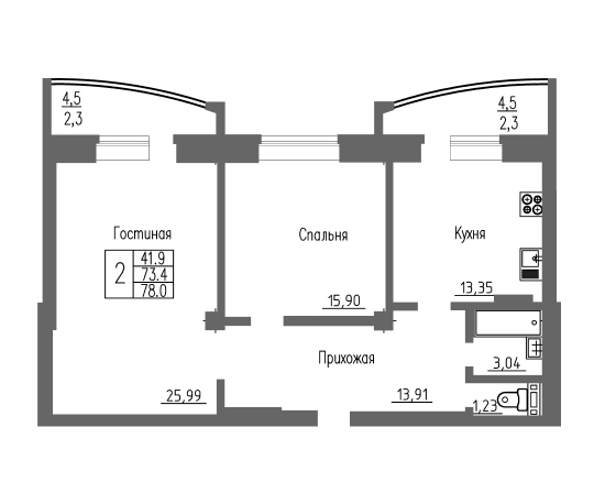 2-комнатная квартира / 78 кв.м. / этаж 14 из 16