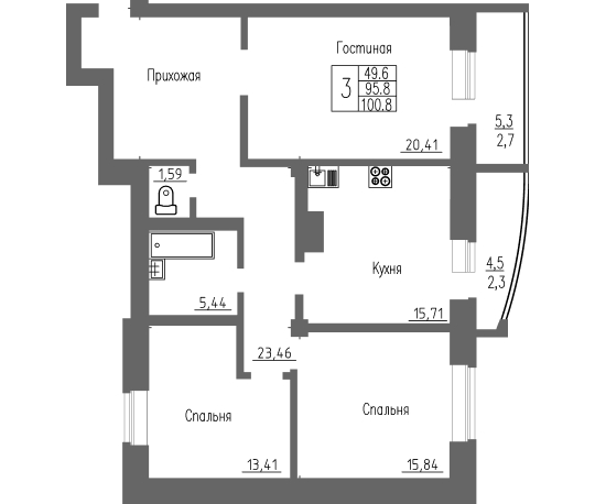 3-комнатная квартира / 100,8 кв.м. / этаж 16 из 16