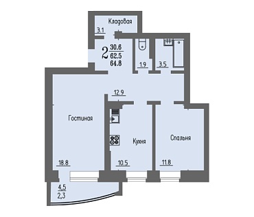 2х комнатная квартира / 64,8 кв.м. / этаж 4 из 16