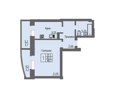 1-комнатная квартира / 48,7 кв.м. / этаж 10 из 16