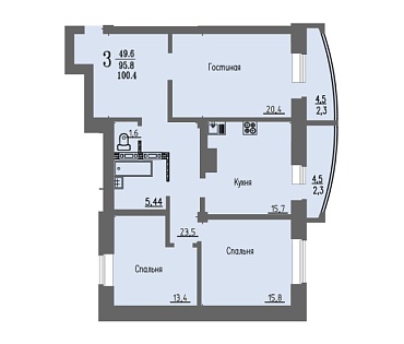3 комнатная квартира / 100,4 кв.м. / этаж 2 из 16
