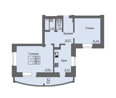 2-комнатная квартира / 64,7 кв.м. / этаж 10 из 16