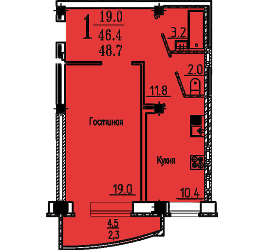 Однокомнатная квартира на ул. Академика Конопатова, дом 15, позиция 9 (48,7 кв.м.), эт. 16