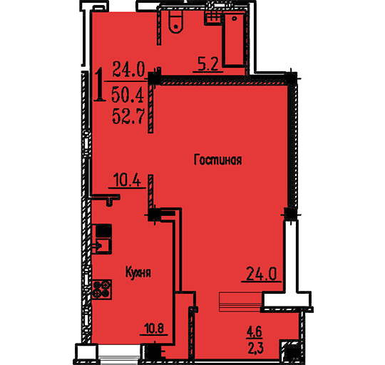 1-комнатная квартира на ул. Козо-Полянского, дом 3, позиция 12, эт. 15 (52,7 кв.м.)