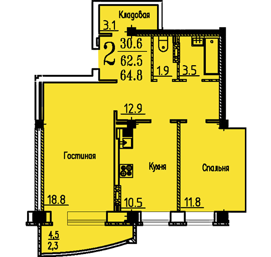 2-комнатная квартира на ул. Козо-Полянского, дом 3, позиция 12 (64,8 кв.м.), эт. 14