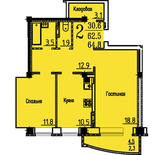 2-комнатная квартира на ул. Козо-Полянского, дом 3, позиция 12, эт. 12 (64,8 кв.м.)