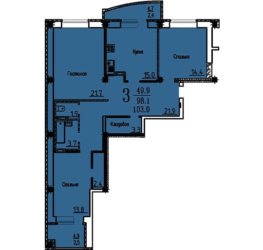 3-комнатная квартира на ул. Академика Конопатова, дом 19, позиция 7 (103 кв.м.), эт. 16