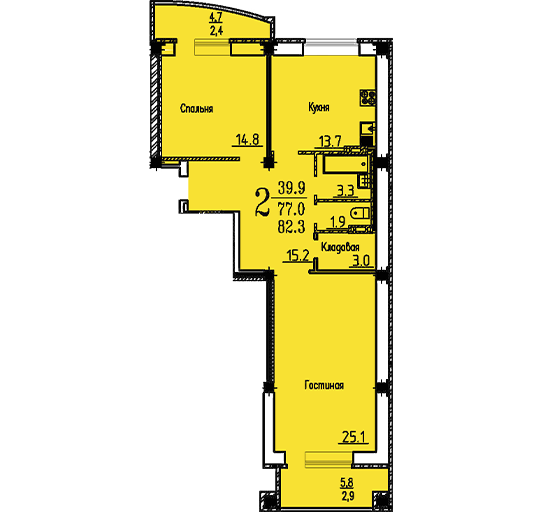 Двухкомнатная квартира на ул. Академика Конопатова, дом 15, позиция 9 (82,3 кв.м.), эт. 16