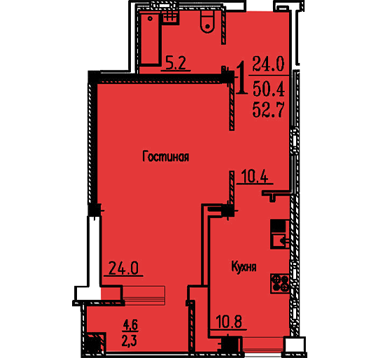 1-комнатная квартира на ул. Козо-Полянского, дом 3, позиция 12 (52,7 кв.м.), эт. 15
