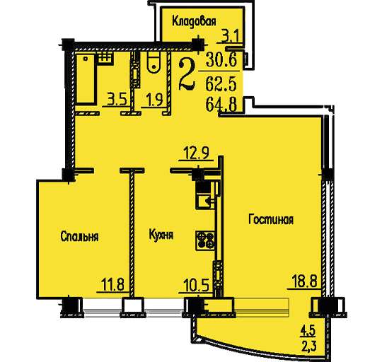 2-комнатная квартира на ул. Козо-Полянского, дом 3, позиция 12, эт. 13 (64,8 кв.м.)