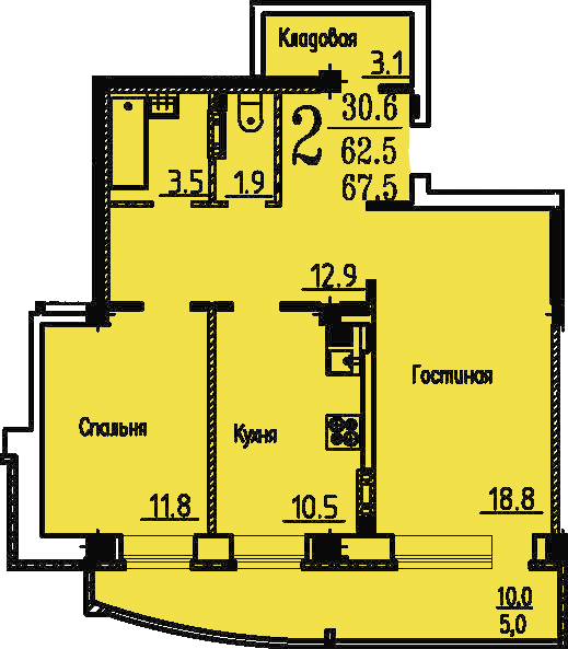 2-комнатная квартира на ул. Козо-Полянского, дом 1, позиция 13 (67,5 кв.м.), эт. 16