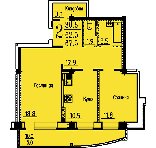 2-комнатная квартира на ул. Козо-Полянского, дом 3, позиция 12 (67,5 кв.м.), эт. 15