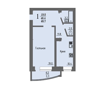 1 комнатная квартира / 48,7 кв.м. / этаж 6 из 16