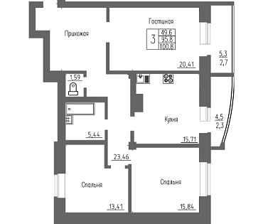 3-комнатная квартира / 100,8 кв.м. / этаж 4 из 16