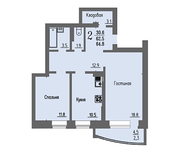 2 комнатная квартира / 64,8 кв.м. / этаж 6 из 16