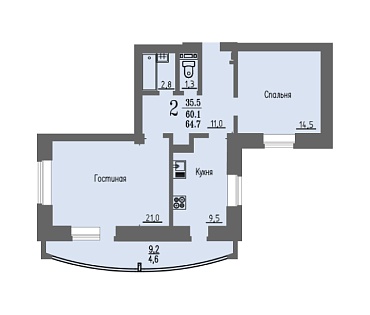 2 комнатная квартира / 64,7 кв.м. / этаж 16 из 16