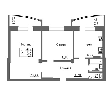 2-комнатная квартира / 78 кв.м. / этаж 14 из 16